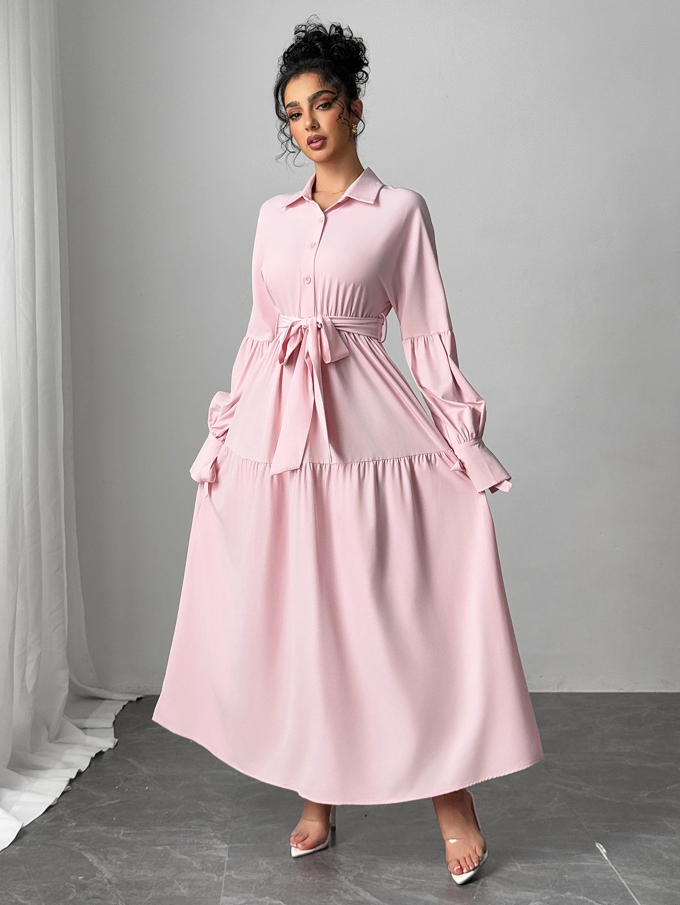 Primavera verão feminino luz rosa vestidos camisa colarinho laço puff manga auto-gravata em camadas maxi vestido elegante vestido diário