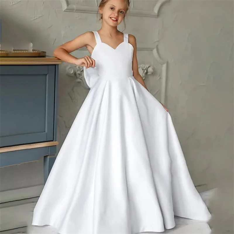 Baby Kids Princess Satin Bow Girl Dress Children First Communion Dress Ball Gown Wedding Party Dress Birthday Show Floor Length