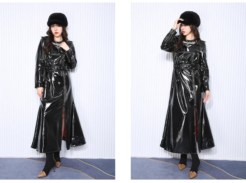 Nerazzurri Autumn Long Fitted Reflective Shiny Soft Stretchy Black Patent Faux Leather Biker Coat Women Zipper European Fashion