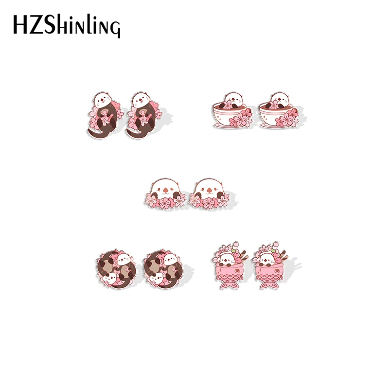 2023 New Sakura Sea Otter Stud Earring Flower Animal Acrylic Resin Earrings Epoxy Handmade Jewelry Gifts Friends