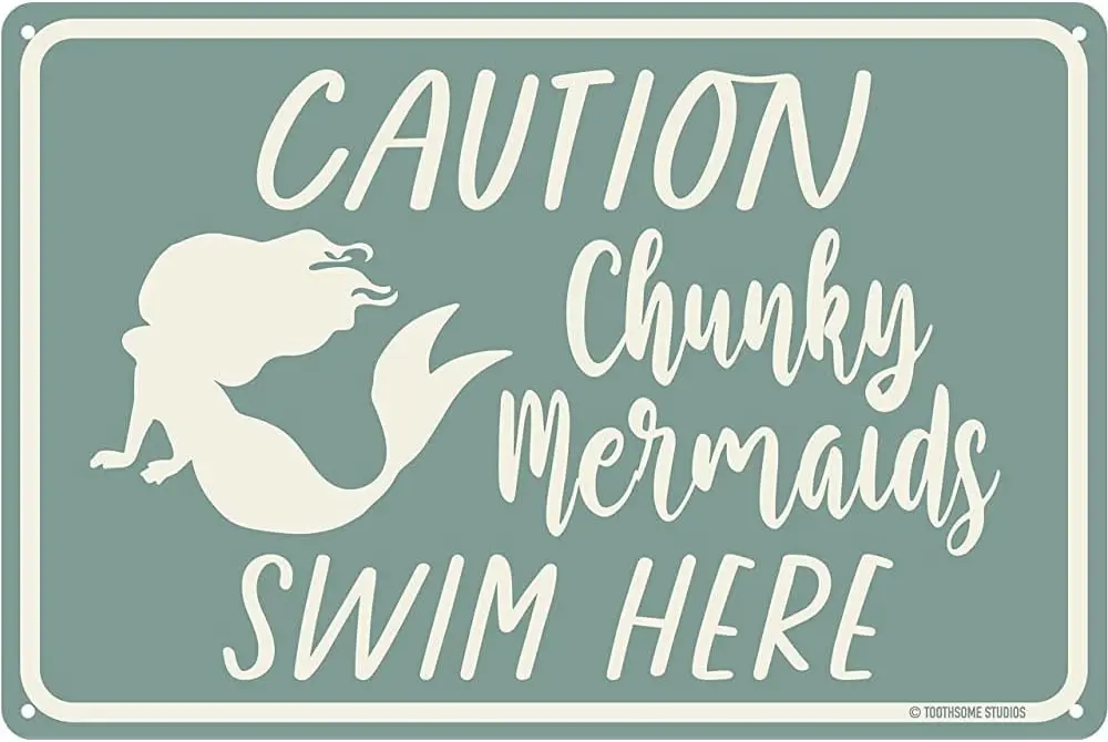 Metal Poster Plaque Chunky Mermaids Swim Here Funny Tin Pool Sign Beach Home Poolhouse Deck Tiki Bar Coastal Bedroom Decor Retro