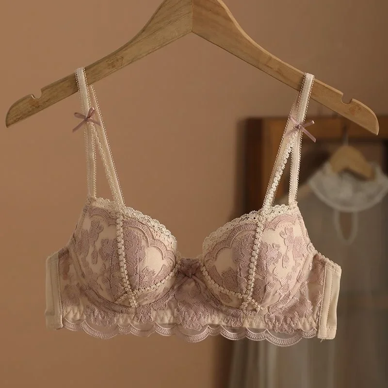 Nouvel ensemble de lingerie sexy en dentelle française pour femme 2026, soutien-gorge push-up fin pour petite poitrine, fermeture dorsale, brodé, tailles S-1XL