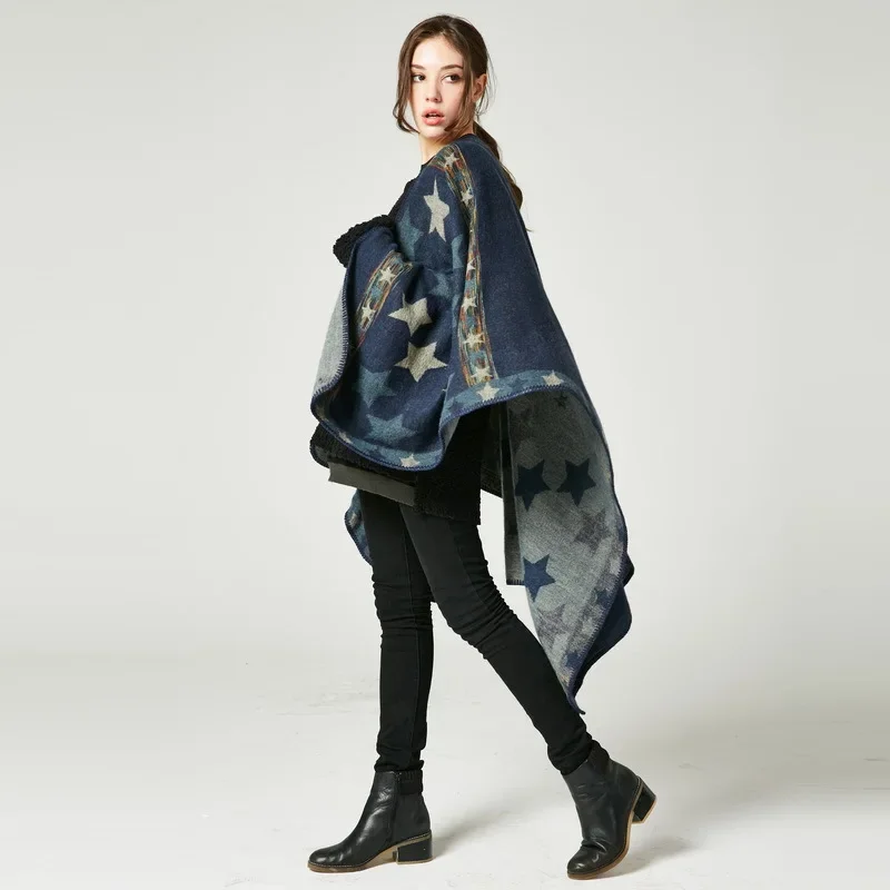 New European American Women's Star Color Bar Imitation Cashmere Shawl Extra Long Thickened Foreign Trade Cape Ponchos Blue 11