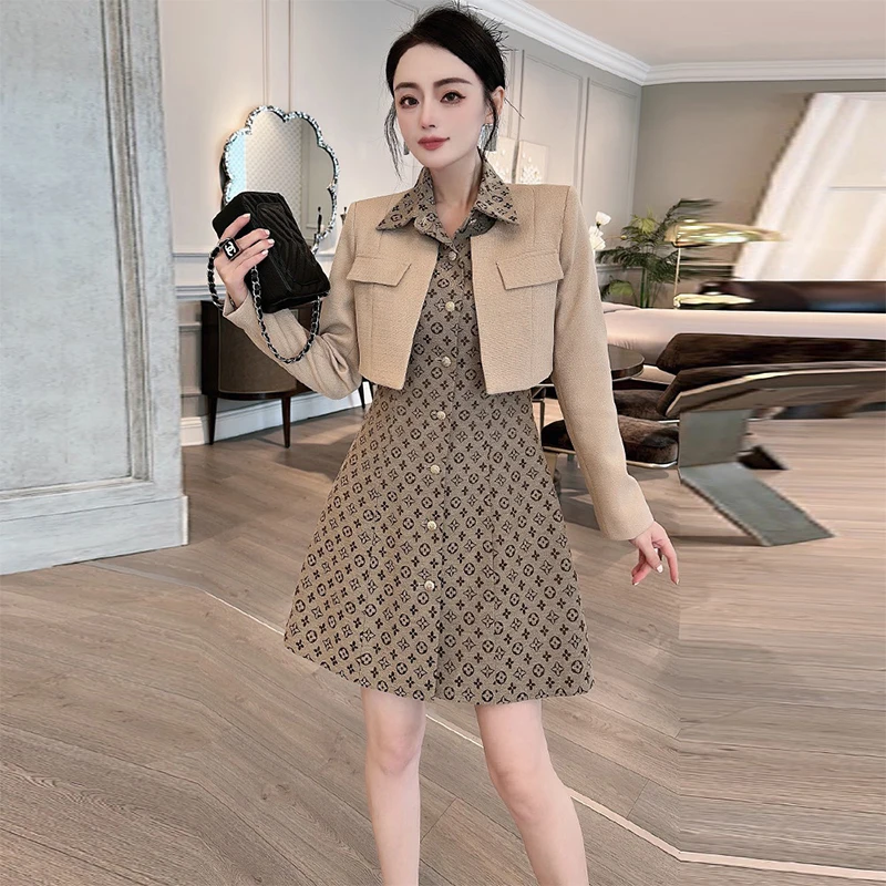 Elegant Luxury Women’s Suit Designer Style For Autumn Winter Letter Printed Flip Collar Tank Skirt Coat Two Piecesкостюм женский