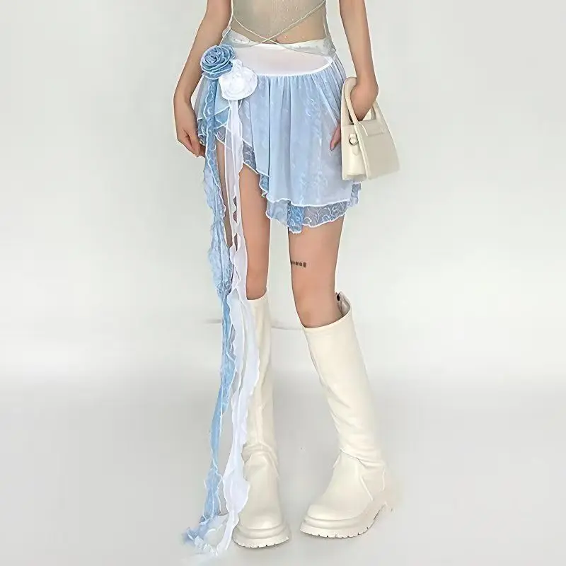 Y2k تنورة نسائية صيف 2025 جديدة في الموضة الكورية العتيقة تنورة هاراجوكو السراويل ملابس امرأة أبيض أزرق Kawaii تنورة صغيرة