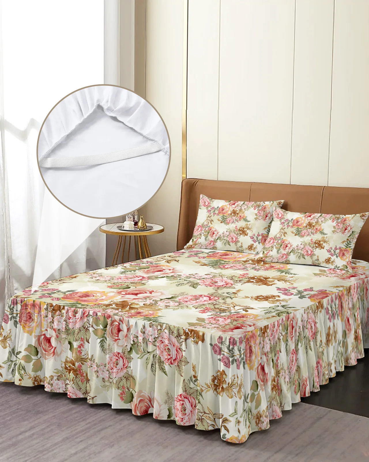 Vintage Flower Leaf Abstract Bed Skirt Elastic Fitted Bedspread With Pillowcases Mattress Cover Bedding Set Bed Sheet