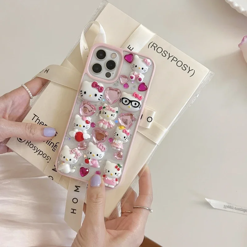 かわいいかわいい 3D サンリオハローキティダイヤモンド透明電話ケース iphone 16 15 14 プロ 13 12 11 プロマックス耐衝撃カバー