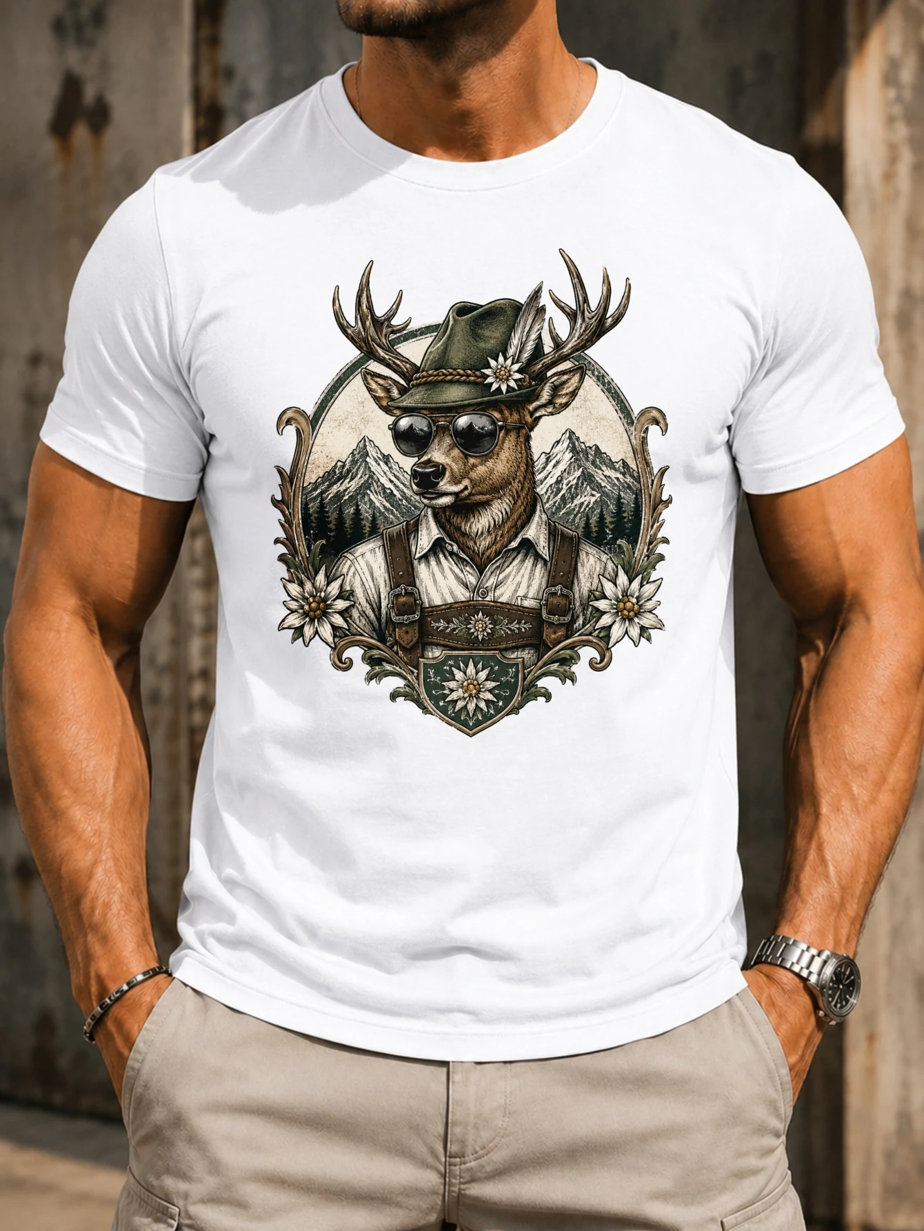 Bavarian Deer Vintage Framed Stag In Alpine Outfit Mountains Edelweiss Ornat Unisex All  Unisex All T-Shirt