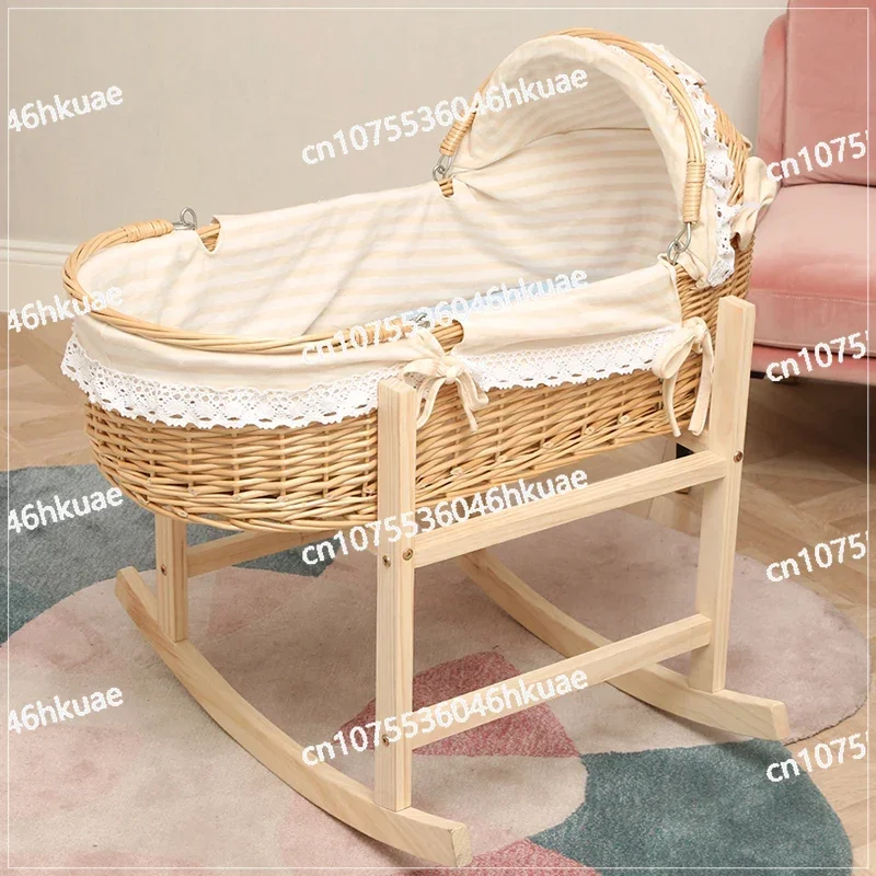 2024 Upgraded Wooden Portable Baby Cradle Bed with 360° Rotating Wheels Baby Rocker for 0-24M Newborn