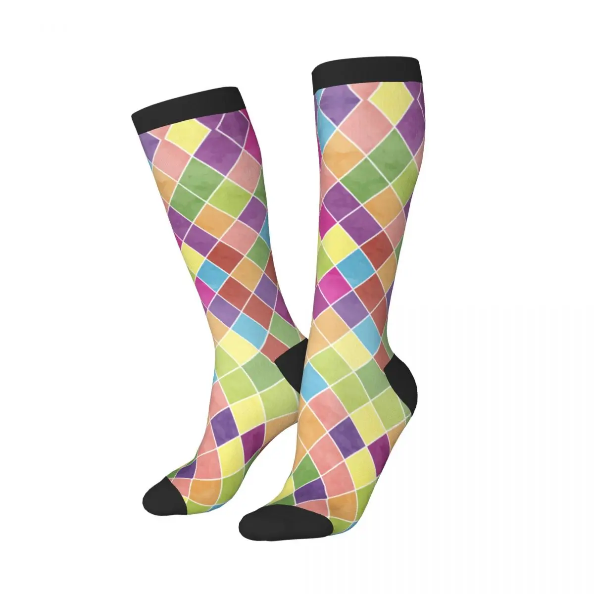 Over Knee Long Socks Colorful Harlequin Pattern Thigh High Stockings Street Party Cosplay Hosiery