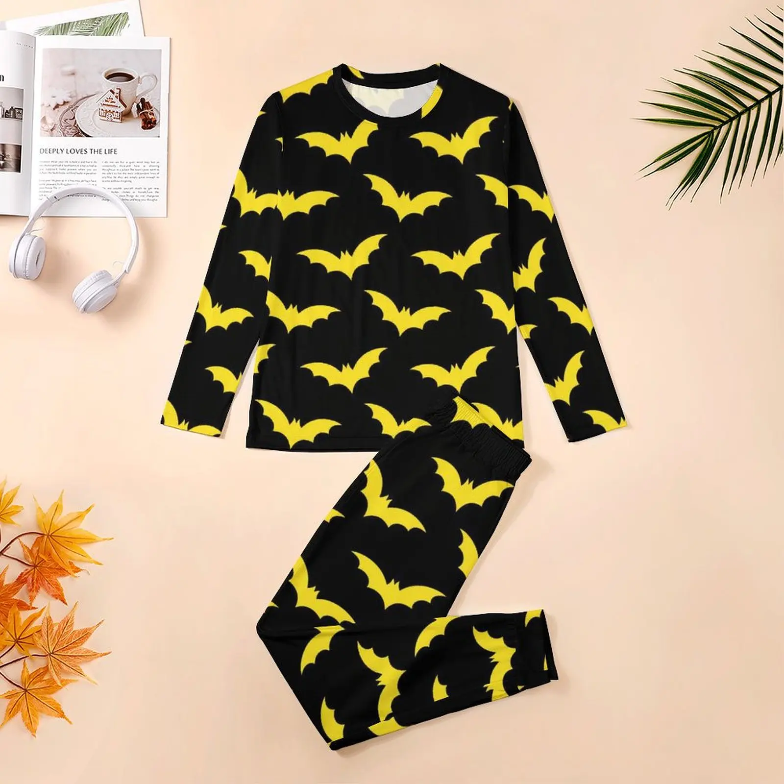 Gothic Art Print Pajamas Spring 2 Piece Halloween Yellow Bats Pajama Sets Men Long Sleeve Room Graphic Nightwear 3XL 4XL 5XL