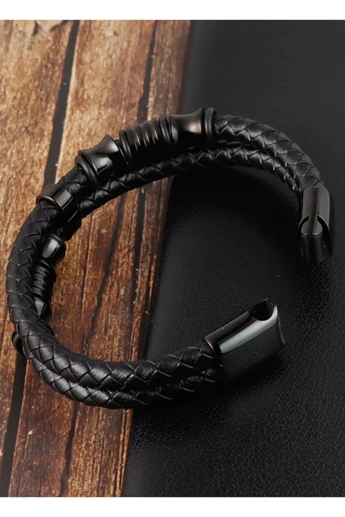 Men's Black Straw Knitted Genuine Leather Bracelet Gift Products Jewelry For Men Does Not Tarnish Material 21 Cm Length