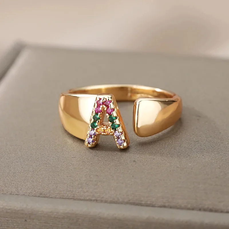 Multi Color Crystal Initial Letter Open Rings For Women Colorful Rhinestone Gold Plating Metal Finger Ring Fashion Jewelry Gift