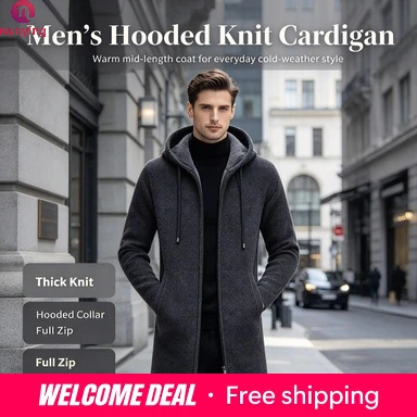 Cárdigan de punto con capucha y forro polar para hombre, abrigo de punto largo con cremallera completa, de longitud media, cálido, de manga larga, prenda de abrigo gruesa e informal para otoño e invierno.