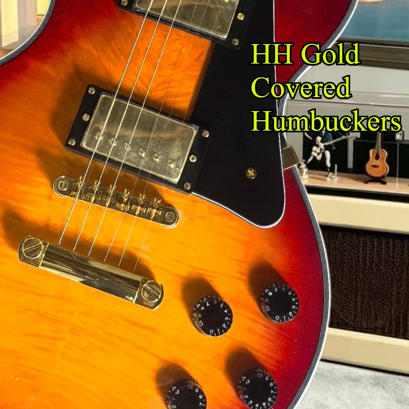 Sunburst Tiger Flame LPS Electric Guitar HH Gold Covered Humbuckers Block  Inlay Gold Hardware Hard‑Rock Blues Heavy‑Metal