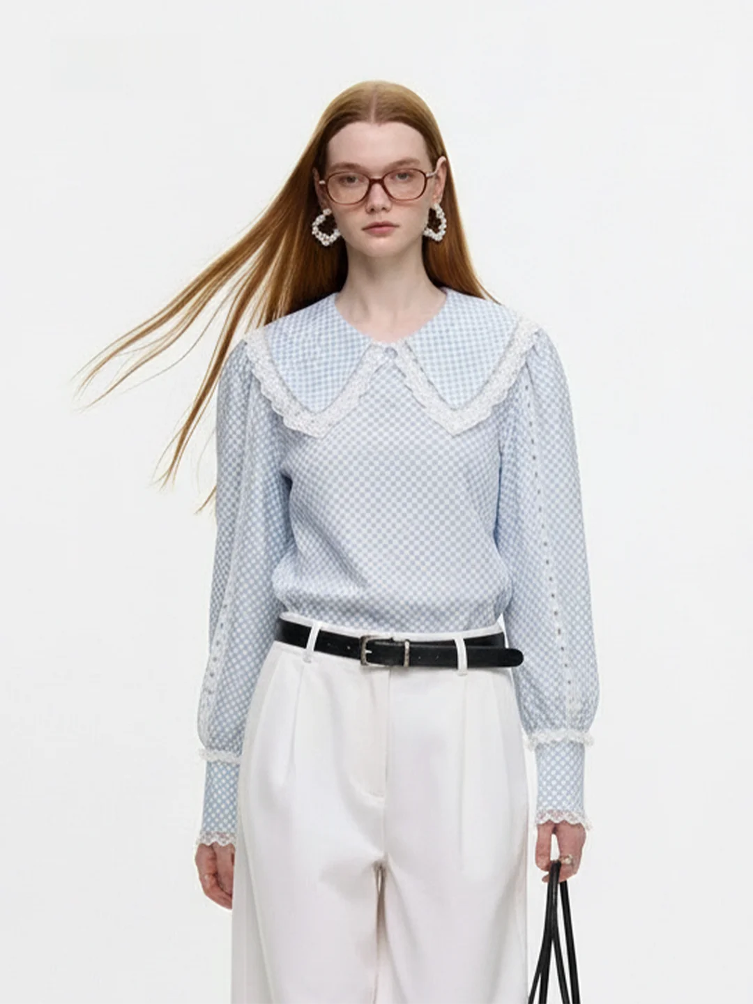 

AHMI Lace Splice Doll Collar Long Sve irt Women Loose Slimming Ele Top Spring Summer New Sle Casual Faion