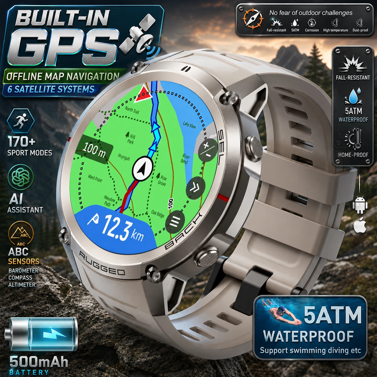 Rugged Outdoor GPS Smart Watch for Men GPS Map Navigator 5ATM Waterproof 1.43