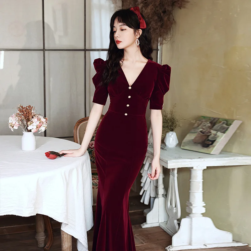 Burgundy Velour Host Mermaid Evening Dressing Gown Women Tube Top Temperament Cheongsam Vestidso 2022 Summer New Long Qipao