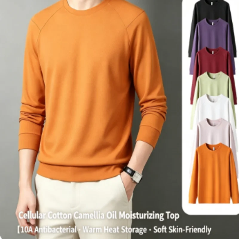 Men Thermal Long Sleeve Shirts 10A Antibacterial Camellia Oil Moisturizing Cellular Cotton Tops Soft Skin‑Friendly Basic Casual