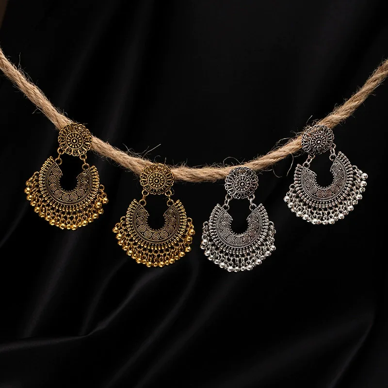 Women Antique Gold Ethnic Bell Tassel Dangle Earrings Boho Hollow Carved Crescent Festival Gypsy Style Drop Jewelry Gif