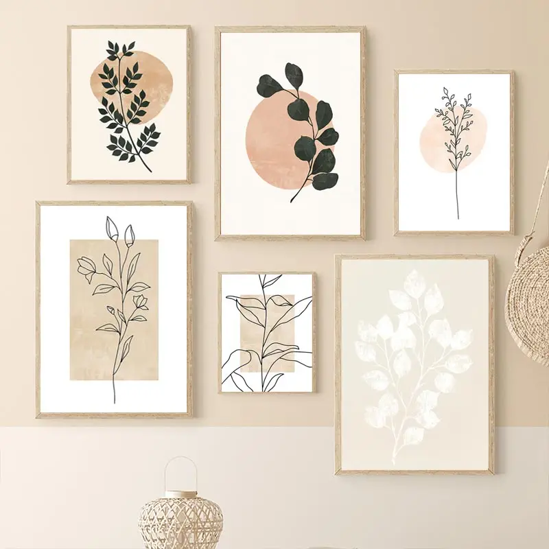 Boho Posters Natural Plant Bird Sun Abstract Canvas Painting Leaf Lines Wall Art Pictures Living Room Home Decorative Paintings