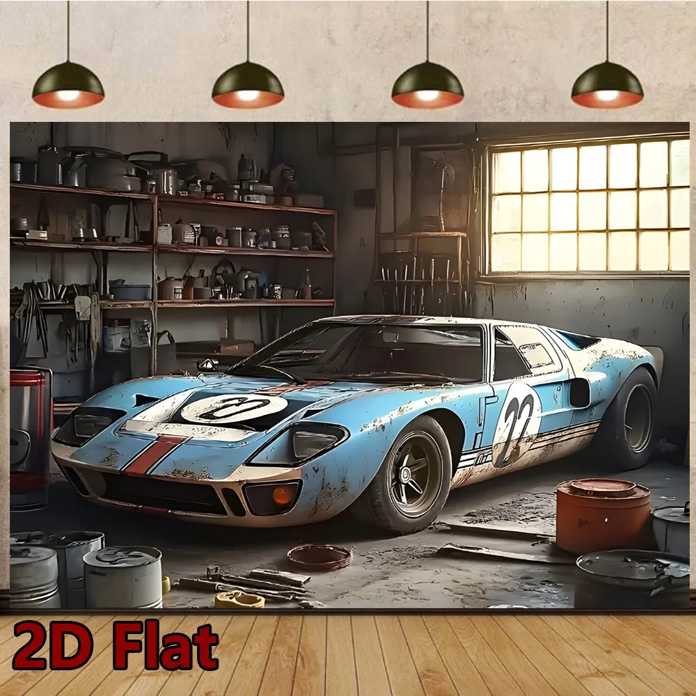 Rustic Classic Race Car Tapestry Stunning Ford GT40 in Old Garage Wall Hanging Retro Aesthetic Decor suitable offices bars party