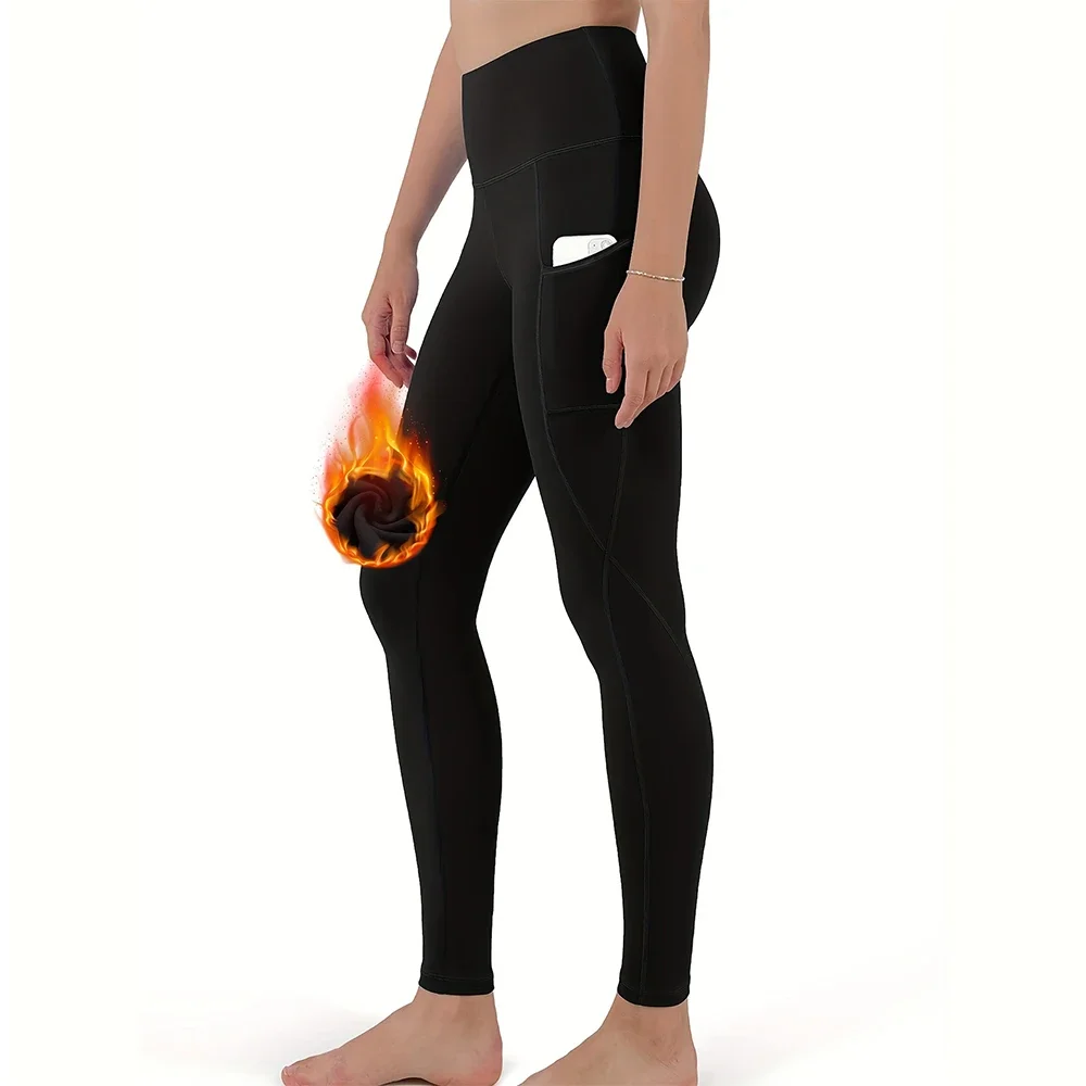 Leggings deportivos con forro polar y bolsillos para mujer, mallas térmicas cálidas de invierno para entrenamiento para Yoga, ropa deportiva para mujer