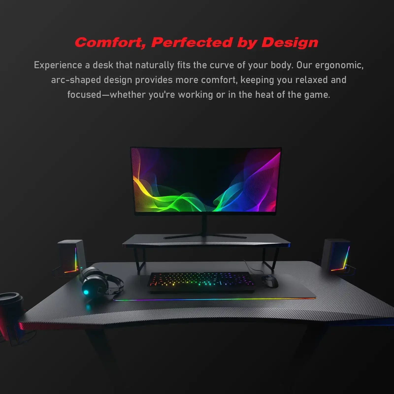 Ergonomic Curved 3-Sided LED Z-Leg Gaming Desk, Black