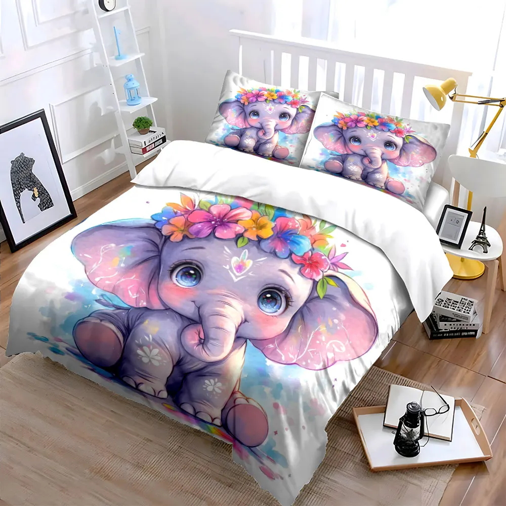 Cute little elephant and colorful flower wreath Print Bedding Set 1 Duvet Cover 2 Pillowcases for Adult and Children Luxury Gift