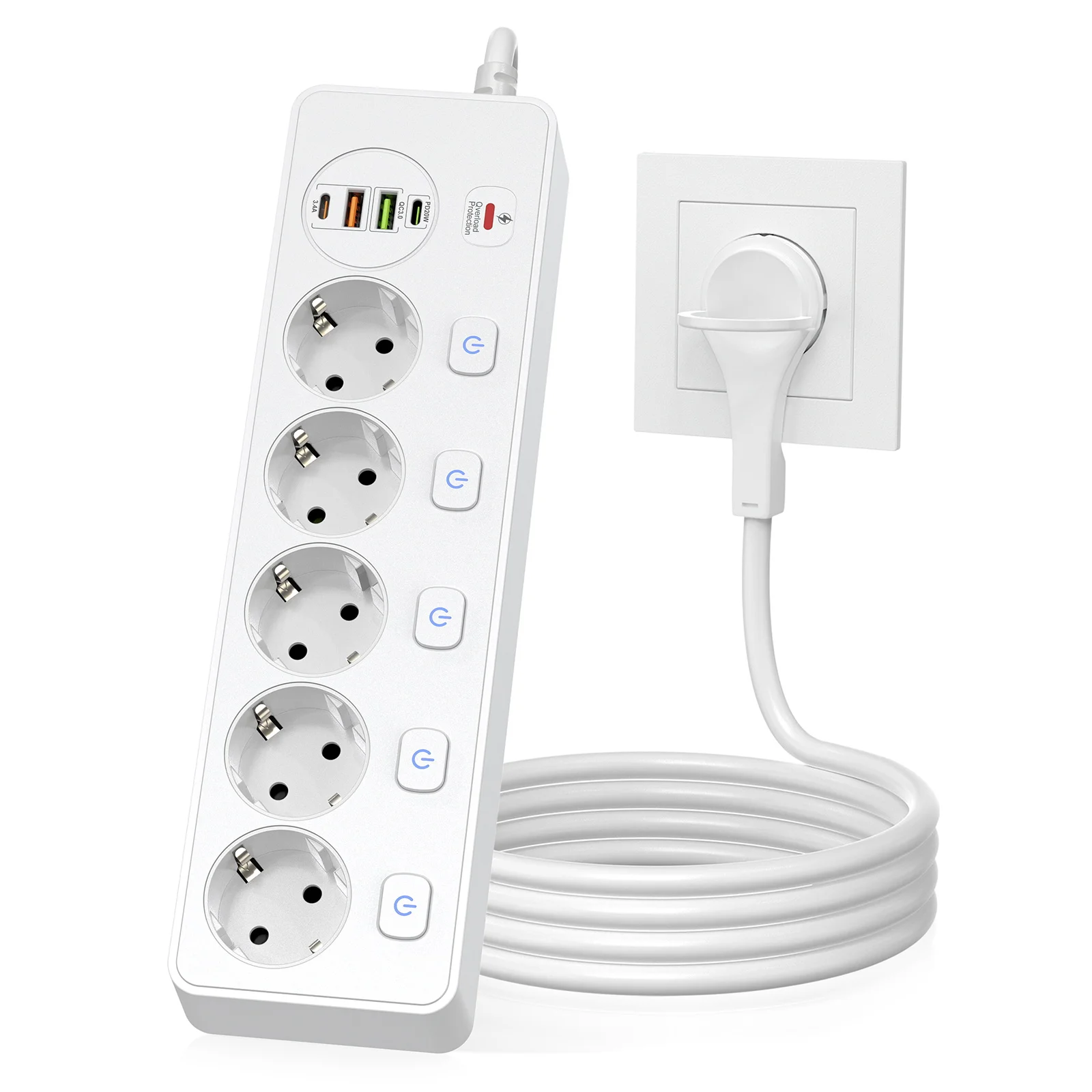 European plug Smart Power Strip with Multi USB Port Type-C, Independent Control Socket 2 meters Cable with Overload Protection