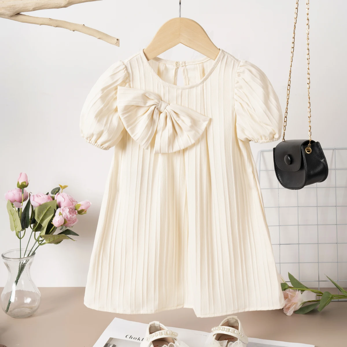 New Girls Babany Bebe 1-6 Years Old Baby Kids Bow Solid Color Puff Sleeve Dress Clothing Newborn Baby Party Dress