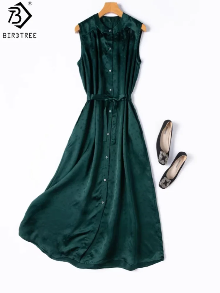 

BirdTree, 100% Real Silk Dress, Women Jacquard Plain Satin Elegant Dresses, Sleeveless Retro Green, 2026 Spring New D63408JF