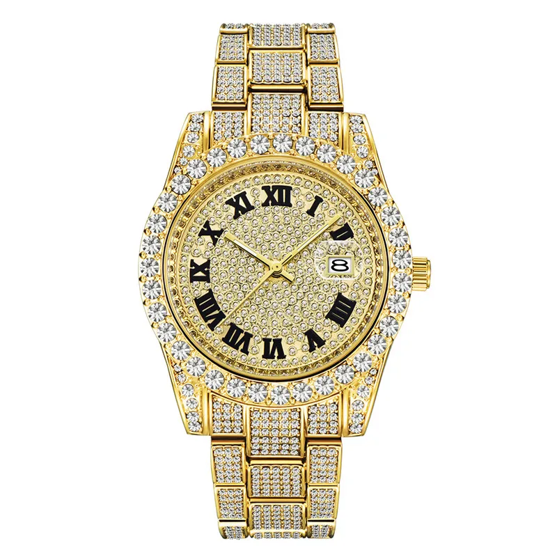 Cool Diamond Watches For Men Hip Hop Luxury Brand Fashion Alloy Band Golden Gifts Date Quartz Clock Relogio Masculino Ouro 2024