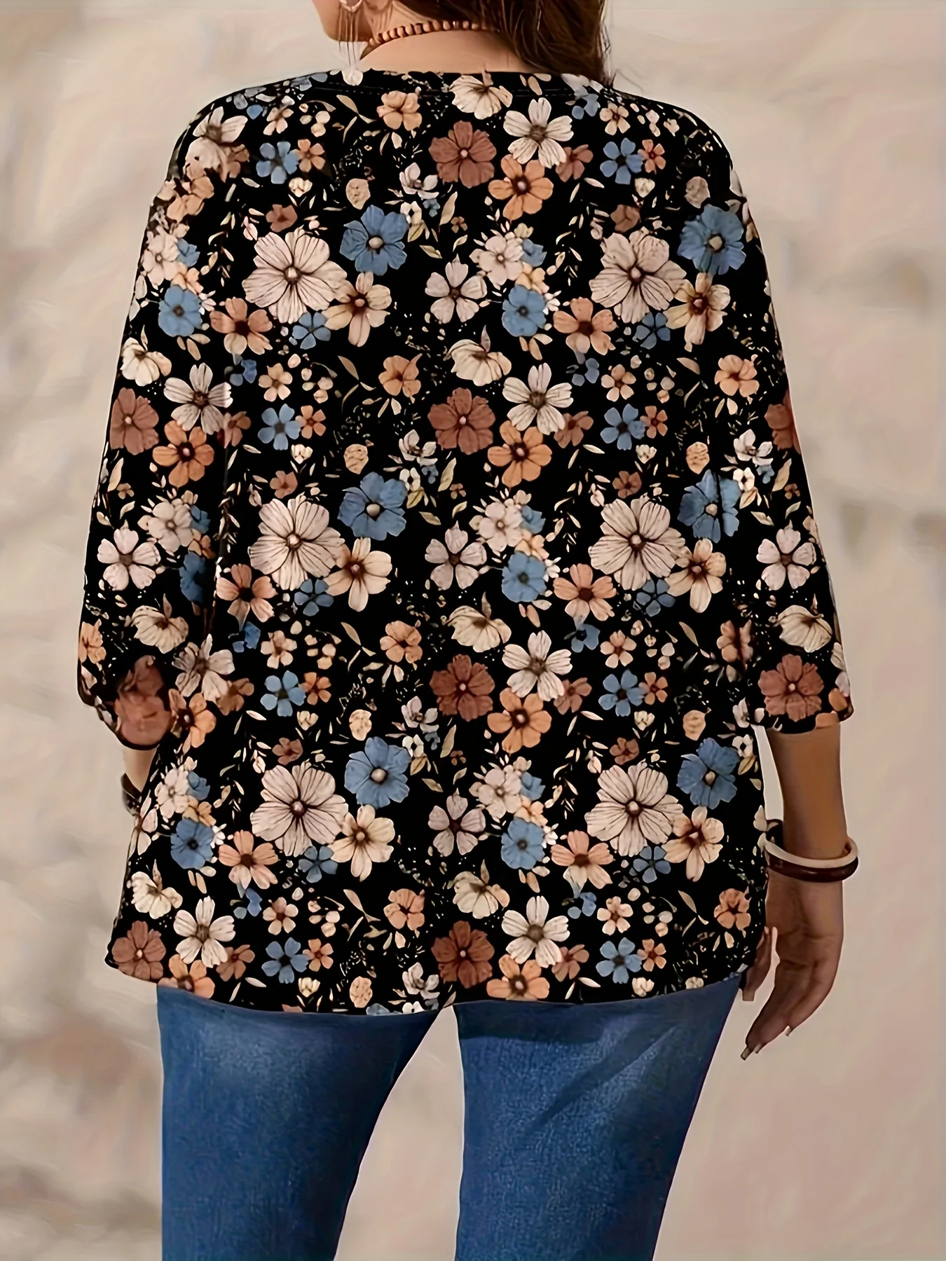 سترة كلاسيكية بطباعة زهور كبيرة الحجم، 3/4 أكمام، معطف نسائي رفيع أنيق ومتعدد الاستخدامات. #2