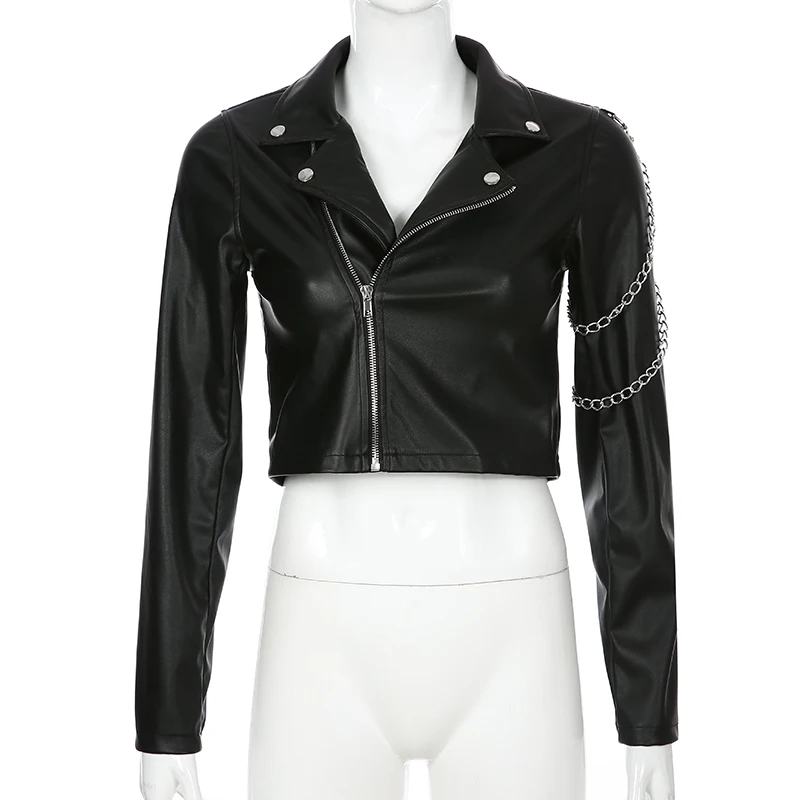 Vangull Spring Thin Pu Leather Jackets Women Long Sleeve Faux Leather Coat With Chain Female Zipper Strench Leather Outerwear