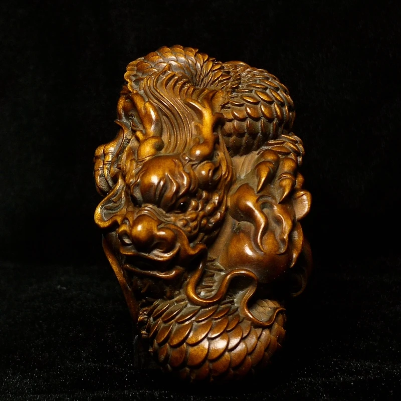 YIZHU CULTUER KUNST Chinesische buchsbaum hand geschnitzte kraft Loong Drachen Figur statue netsuke dekoration Geschenk Sammlung L 8 CM