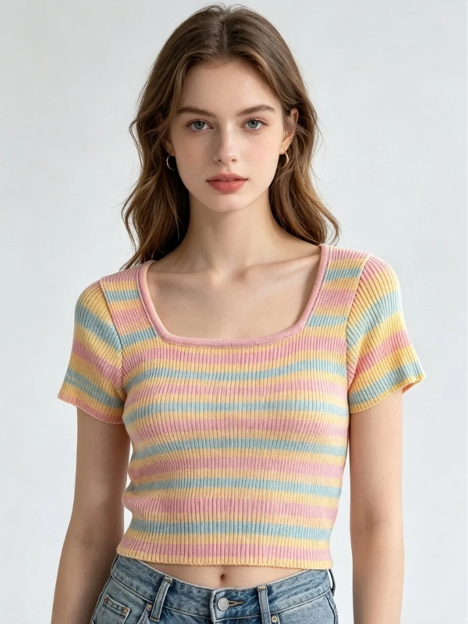 Women Pink Square Neck T-shirt Rainbow Striped Short Sleeve Knit Tee Top Y2K Gyaru Vintage Thin Cropped T-shirt for Women Summer