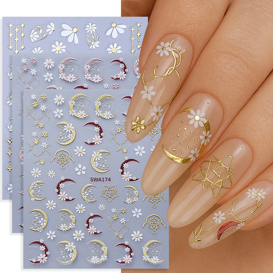 3 قطعة ملصقات الأظافر زهرة معدنية القمر الأزهار ديزي بتلات نمط مسمار الشارات بوهيميا DIY بها بنفسك أنيقة مانيكير الديكور المتزلجون #1