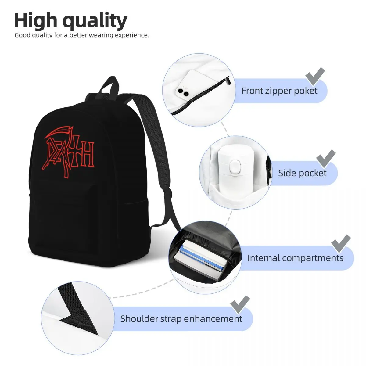 Mochila Casual Death Band para Homens e Mulheres Leve, Estudante, Caminhada, Viagem, Bolsa de Ombro de Faculdade