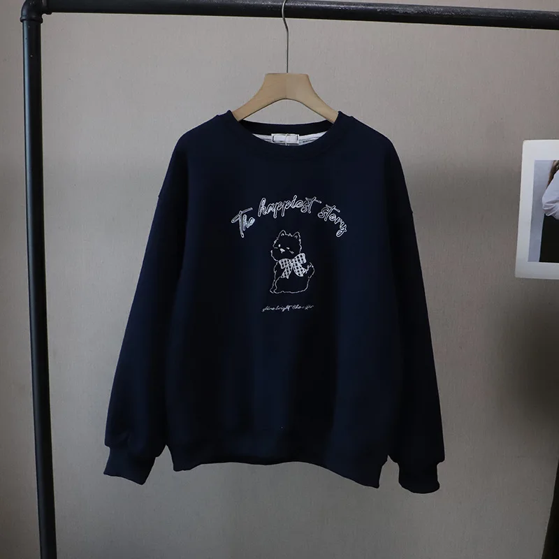 

Осень/зима 2022, новый толстый свободный свитшот с круглым вырезом и мультяшной вышивкой на флисовой подкладке для женщин