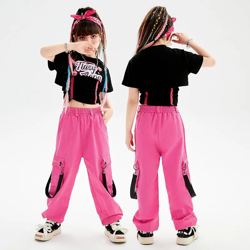 Hip Hop Street Dance Costume for Kids Black T Shirt Pink Pants Jazz Performance Clothes Girls Kpop Outfit Jazz Drum Stage Wear