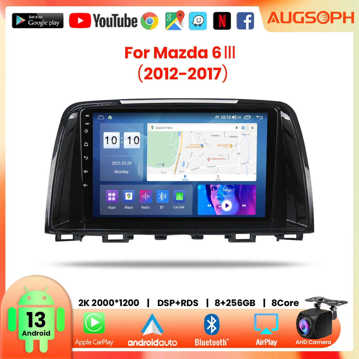 

Android 13 Car Radio for Mazda 6 Ⅲ 2012-2017, 9inch 2K Multimedia Player with 4G Carplay DSP & 2Din GPS Navigation