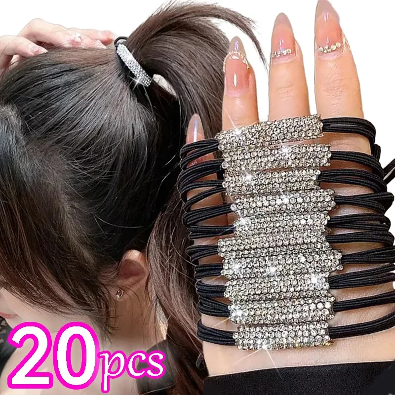 Shiny Crystal Hair Ring 1/20pcs Simple Black Rhinestone Seamless Rubber Band Elastic Hair Rope Fashion Hot Sale Hair Accessories