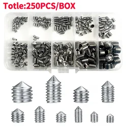 250PCS/Box M3 M4 M5 M6 M8 304 Stainless Steel Hex Hexagon Socket Set Screws Kit Allen Flat Point Grub Bolt Set Screw Kit Box