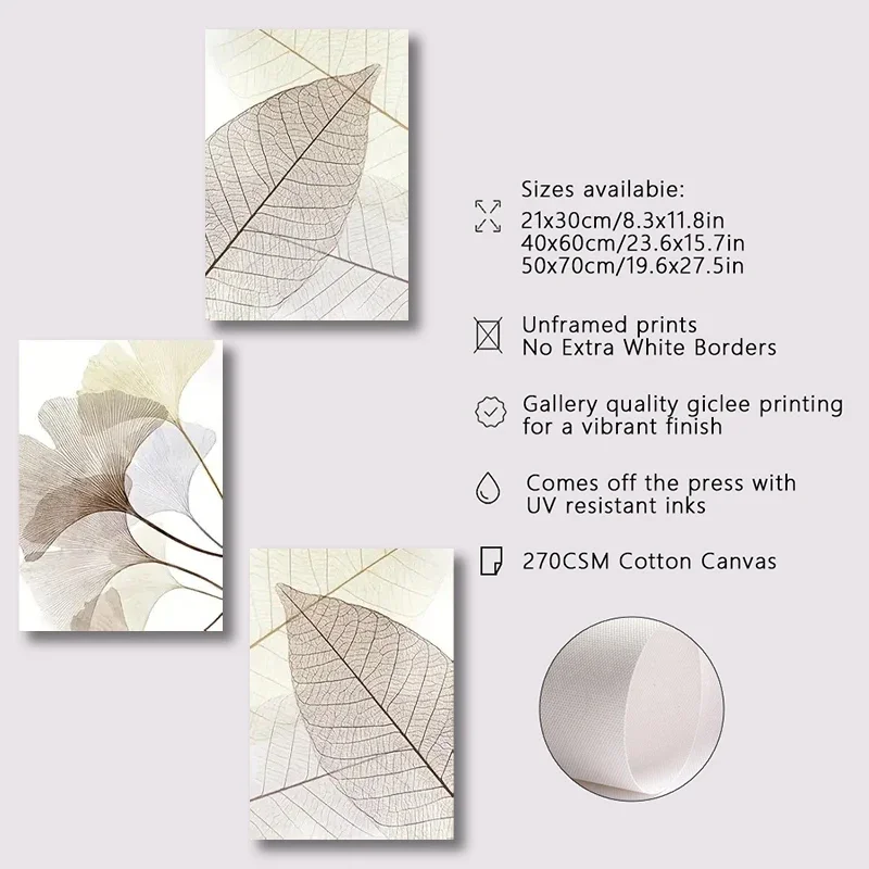 Large-sized frameless 3pcs  3pcs Nordic Ginkgo Leaf Canvas Wall Art  Poster Scandinavian Style Home Decor for Living Room Mod