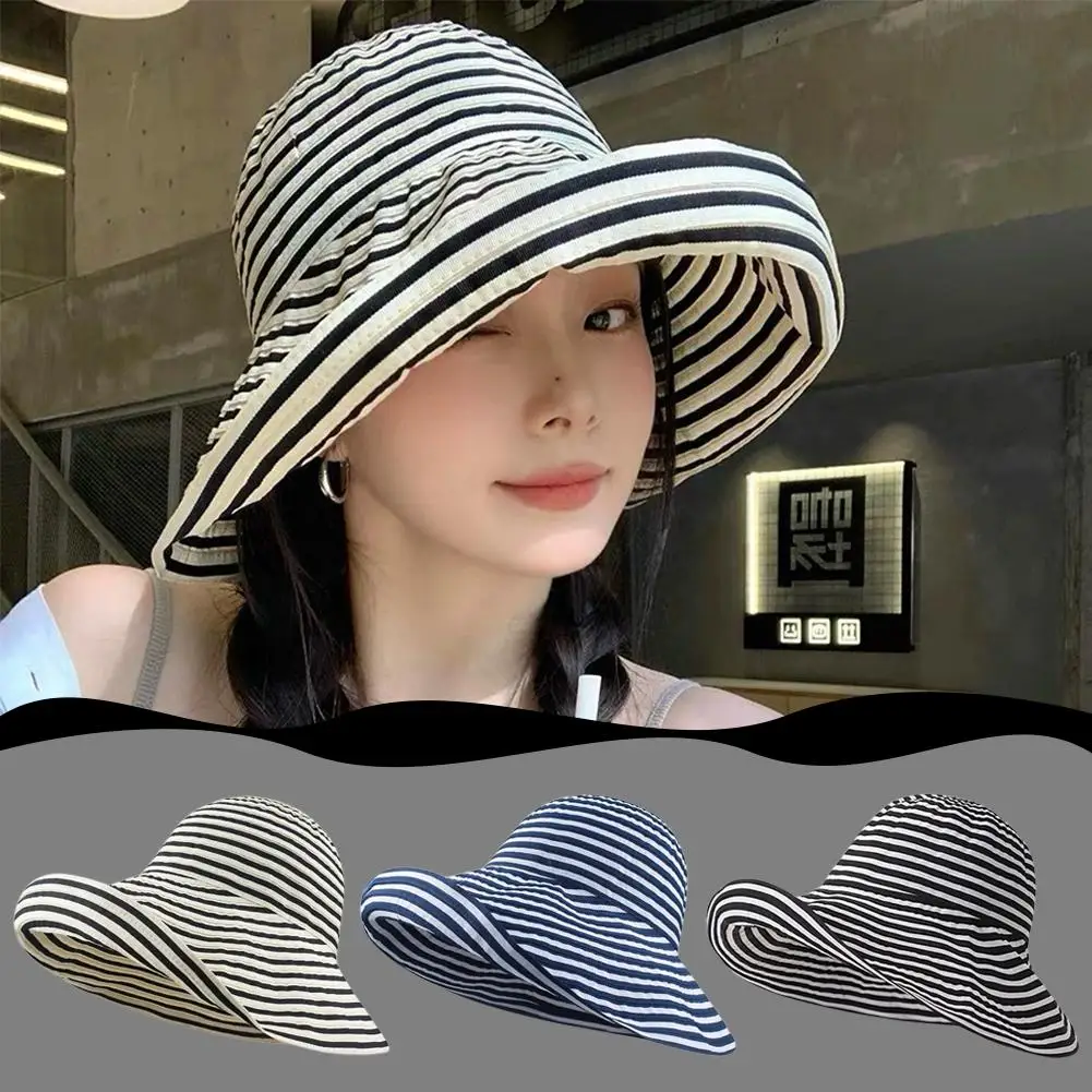 Korean Fashion Wide Brim Fisherman Caps Outdoor Foldable Bucket Hats Striped Pattern Summer Cap For Women Girls Gifts