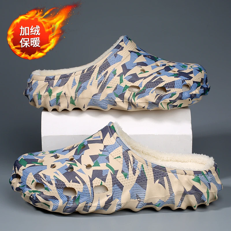 Winter Fur-Lined Clogs Slip-On Indoor Outdoor Garden Shoes Warm Home Cotton Shoes Backless Rubber Slippers Sandals Camouflage