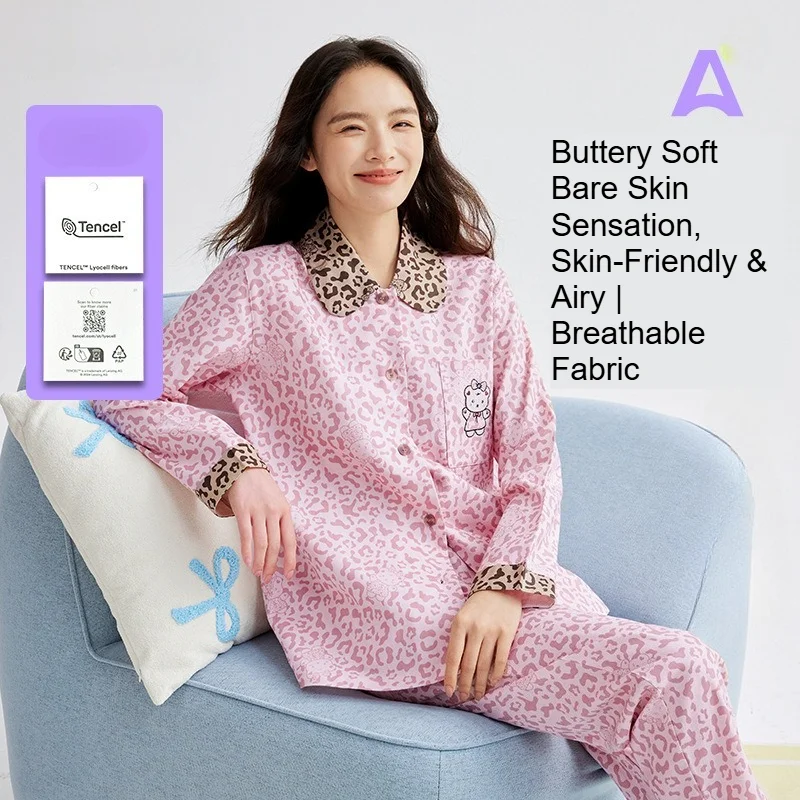 Women's Leopard Print Lyocell Tencel Pajama Set - Breathable Autumn Loungewear & Versatile Streetwear Suit 2XL Size Fashion