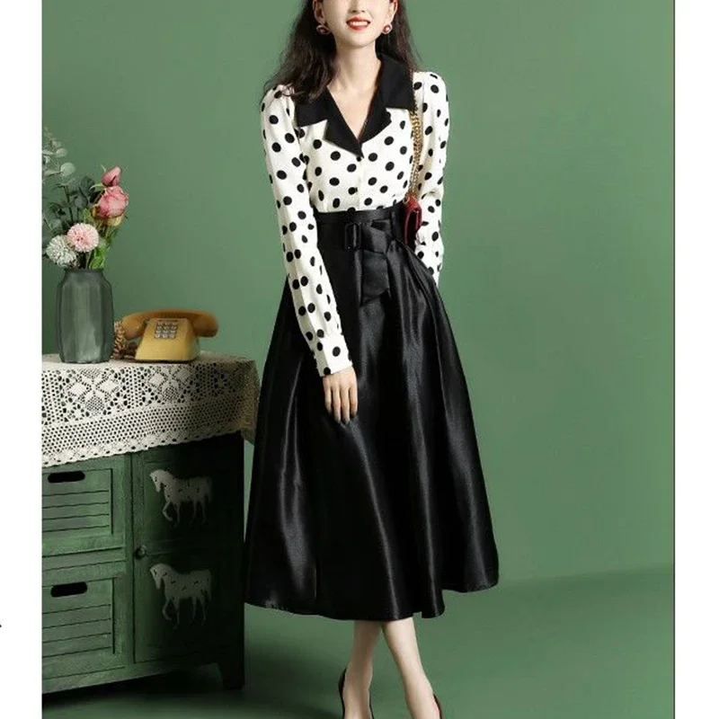 Spring Autumn New Elegant Fashion Vintage Polka Dot Long Sleeve Blouse High Wait A-line Skirt Set Women Temperament Shirt Skirts