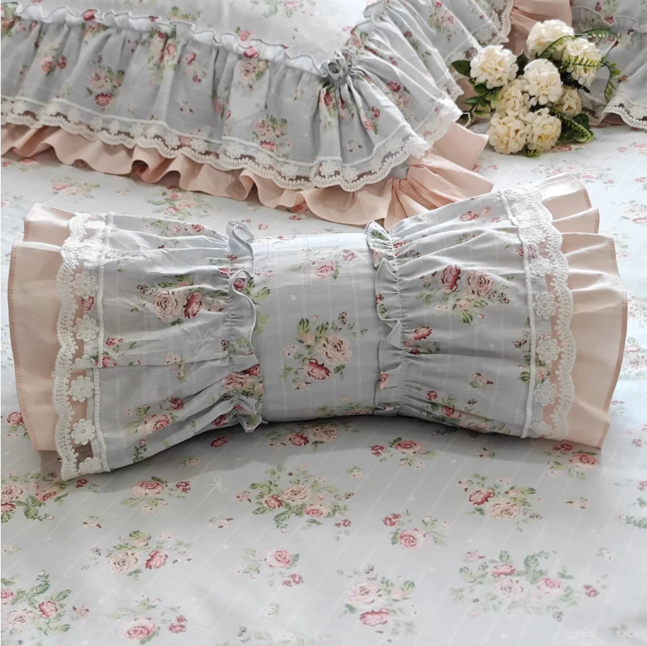 Decorative Pillow with Flower Print, Cute Pillow with Lace Ruffle, Candy Pillow for Sofa Pastoral Style Cushion Lumbar Pillows